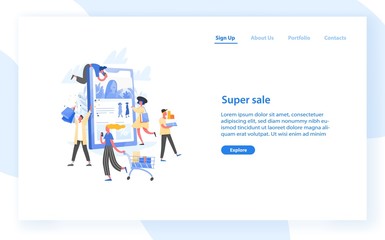 Web banner template with group of crazy customers, buyers or shopaholics carrying shopping carts, bags and boxes and giant tablet PC. Online store super sale. Flat vector illustration for website.