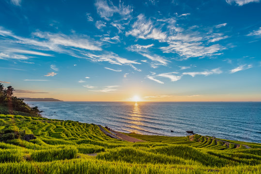 Beautiful Sunset View of Senmaida Rice paddy terrace Wajima Ishikawa Japan