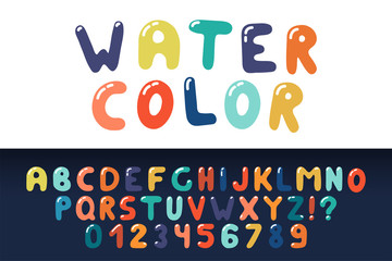 Watercolor english creative alphabet. Vibrant funky font. Colorful latin letters and numerals