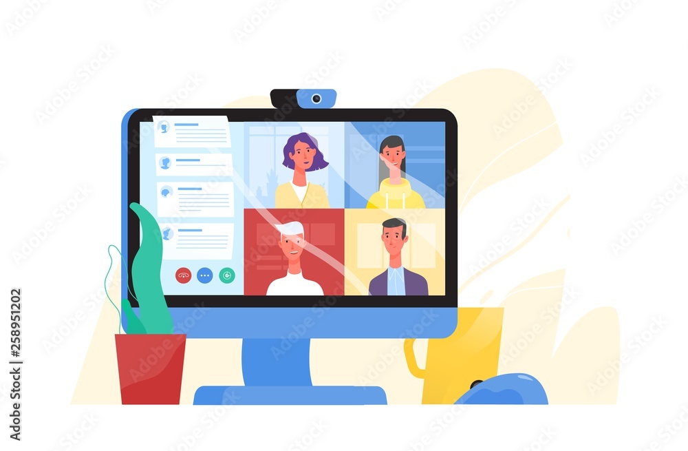 Aufkleber Desktop computer with group of colleagues taking part in video conference. Software for videoconferencing and online communication. Virtual work meeting. Modern vector illustration in flat style.