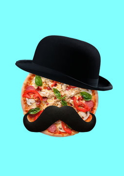 A hipsters hunger. An alternative view of taste. Male face with black hat and mustache as a pizza with tomato, salami, cheese and chiken filett. Food concept. Modern design. Contemporary art collage.