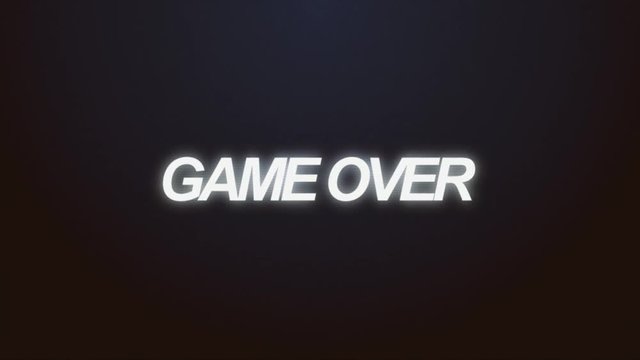 A videogame ending screen, saying Game over. 8-bit retro style. Treated as it's from an old VHS cassette tape.