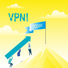 Handwriting text Vpn. Conceptual photo Secured virtual private network across confidential domain protected People Holding Arrow Going Up the Mountain. Blank Banner on Pole at the Peak