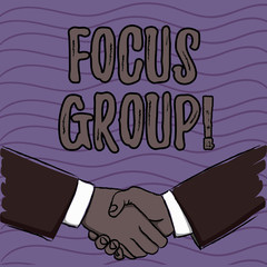 Word writing text Focus Group. Business photo showcasing showing assembled to participate in discussion about product Businessmen Shaking Hands Firmly as Gesture Form of Greeting and Agreement