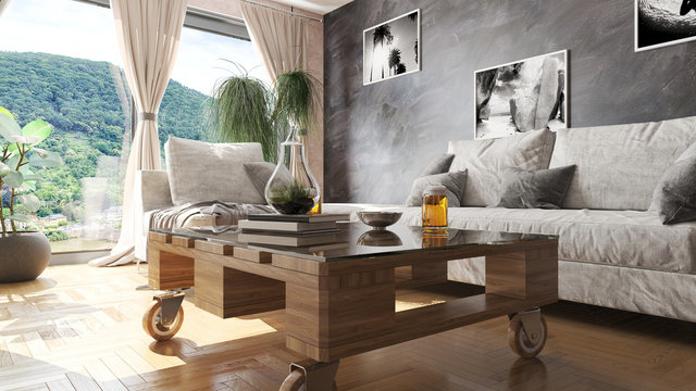 Modern living room with pallet table and beautiful view 3D illustration