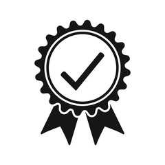 Quality check ribbon icon. Vector product certified or best choice recommended award and warranty check approved certificate mark label