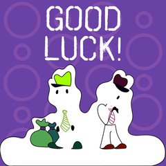 Handwriting text writing Good Luck. Conceptual photo used praising demonstrating or group for something done good way Figure of Two Men Standing with Pouch Bag on White Sticker Style Snow Effect