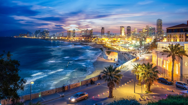 Panoramic view of Tel Aviv at blue time, Israel