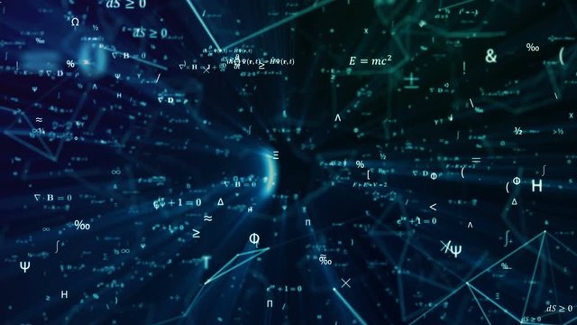 Digital seamless mathematical formulas loop. Abstract digital futuristic motion background with math, physics symbols and mesh network grid. 3D animation with alpha matte channel. 4K science concept