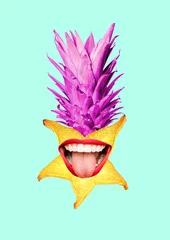 Glücksgefühle. Sauber und natürlich. Saftige Karambole mit großem weiblichem Mund und roten Lippen als Ananas vor ozeanfarbenem Hintergrund. Negativer Raum. Modernes Design. Collage zeitgenössischer Kunst. © master1305