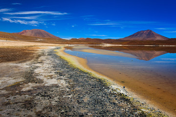 Laguna Colorada, means Red Lake is a shallow salt lake in the southwest of the Altiplano of Bolivia