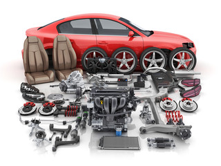 Red car body disassembled and many vehicles parts