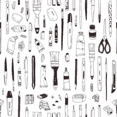 Monochrome seamless pattern with stationery, writing utensils, art supplies hand drawn with black contour lines on white background. Realistic vector illustration for wrapping paper, fabric print. © Good Studio