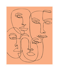 Modern poster with linear abstract faces. Continuous line art. One line drawing. Minimalist graphic.
