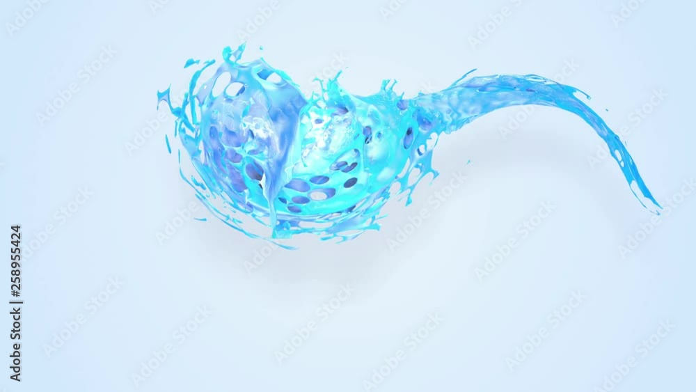 Poster 4k blue splash moves past the camera in slow motion. 3d animation with luma matte as alpha channel f