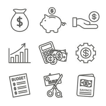 Personal Finance & Responsibility Icon Set With Money, Saving, & Banking Options