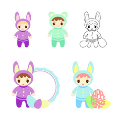 Cute baby in bunny and mouse costumes.  Raster clip art.