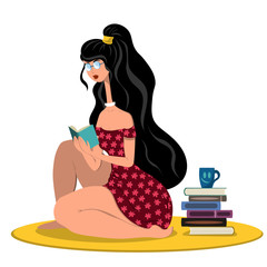 A young woman in a red flowered dress is sitting on the carpet and reading a book. Illustration in flat style