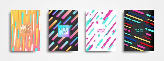 Set of four trendy memphis style covers with dynamic design. Cool Colorful gradient backgrounds, applicable for Covers, Posters, and Banner Designs