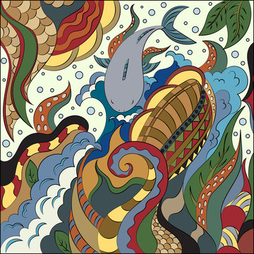 Abstract doodles in nautical style. Sea depths and inhabitants.