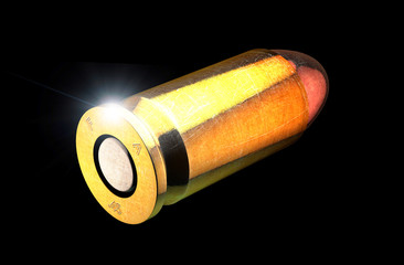 Bullet and cartridge case of a firearm, 45mm. Gun ammunition on a black background. 3d rendering. Campaign against firearms