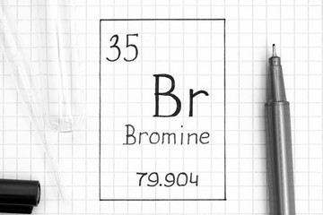 Handwriting chemical element Bromine Br with black pen, test tube and pipette.