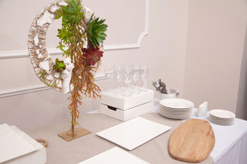 The served table with beautiful setting in restaurant
