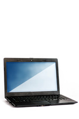 Black laptop close up on white background