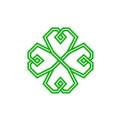 Four leaf green shamrock in Celtic style, St Patrick's day vector clover icon