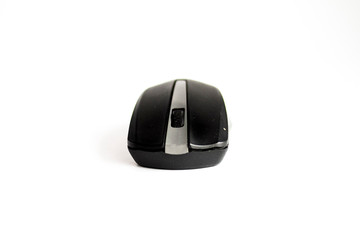 Wireless black-gray mouse on a white background close-up side view