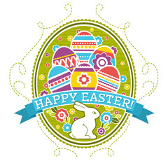 Easter label with color eggs, rabbit and flowers. Holiday Easter greetings card. Print design, label, sticker, scrap booking, stamp, vector illustration