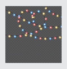 Christmas lights isolated realistic design elements. Glowing lights for Xmas Holiday cards, banners, posters. Garlands Decorations. Led neon lamp.