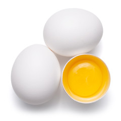 top view of group eggs and one broken egg isolated on white background