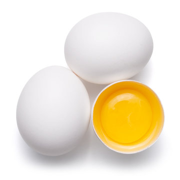 Top View Of Group Eggs And One Broken Egg Isolated On White Background