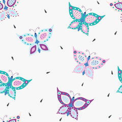 Obraz na płótnie Canvas Romantic seamless pattern with stylish butterflies. Cartoon butterflies vector illustration in scandinavian style. Great for fabric, textile.