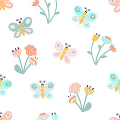 Romantic seamless pattern with stylish flowers and butterflies.  Cartoon flowers and butterflies vector illustration in scandinavian style. Great for fabric, textile.