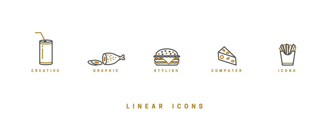 Food icons in linear style. icon burger, meat dish, soda drink, triangular cheese and french fries vector graphic.