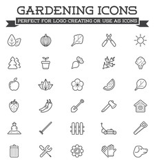 Set of Landscaping Related Vector Line Icons. Plants, agriculture, lawn, trees, gardening and more.