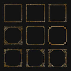 Art Deco Square Gold Frames and Borders Set. Trendy Gatsby Design Elements. Retro Art Deco Style. Isolated. Vector.