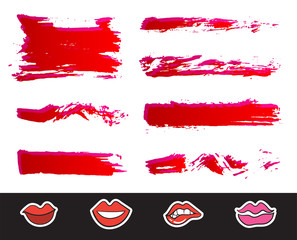 Red Lipstick Smears Set. Texture brush strokes isolated on white background. Make up. Vector illustration.
