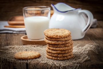 Stack of freshly baked oat biscuits.