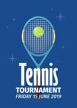 Tennis tournament poster with tennis ball shield flyer template vector illustration design. Sport championship tennis ball racket equipment template.