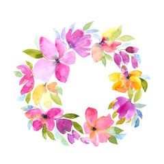 Fototapeta premium Floral wreath with pink watercolor flowers. Wedding invitation floral design. Greeting card with cute flowers. Floral birthday card.