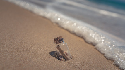 Message In A Bottle On Sand Sea Beach