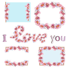 Set with 4 cherry blossom frames and text „I love you“ on a white background. Hand painted   in watercolor.