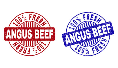 Grunge 100% FRESH ANGUS BEEF round stamp seals isolated on a white background. Round seals with distress texture in red and blue colors.