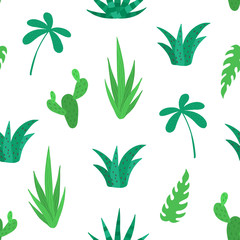 Tropical cactus seamless pattern. Natural hand drawn background with different types cacti. Trendy tropical design for textile, print. Summer backdrop. Vector illustration.