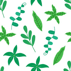 Tropical leaves seamless pattern on white background. Floral background. Hand drawn tropic foliage. Modern template for print, banner. Vector illustration.