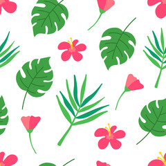 Naklejka premium Tropical seamless pattern on dark green background. Summer design with tropic leaves, monstera, banana leaves, hibiscus, plumeria flowers. Modern template for print, banner. Vector illustration.