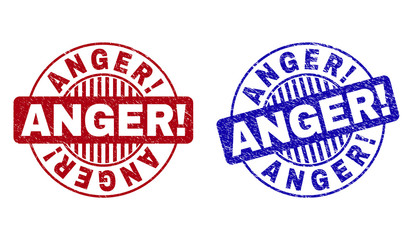 Grunge ANGER! round stamp seals isolated on a white background. Round seals with grunge texture in red and blue colors. Vector rubber overlay of ANGER! caption inside circle form with stripes.
